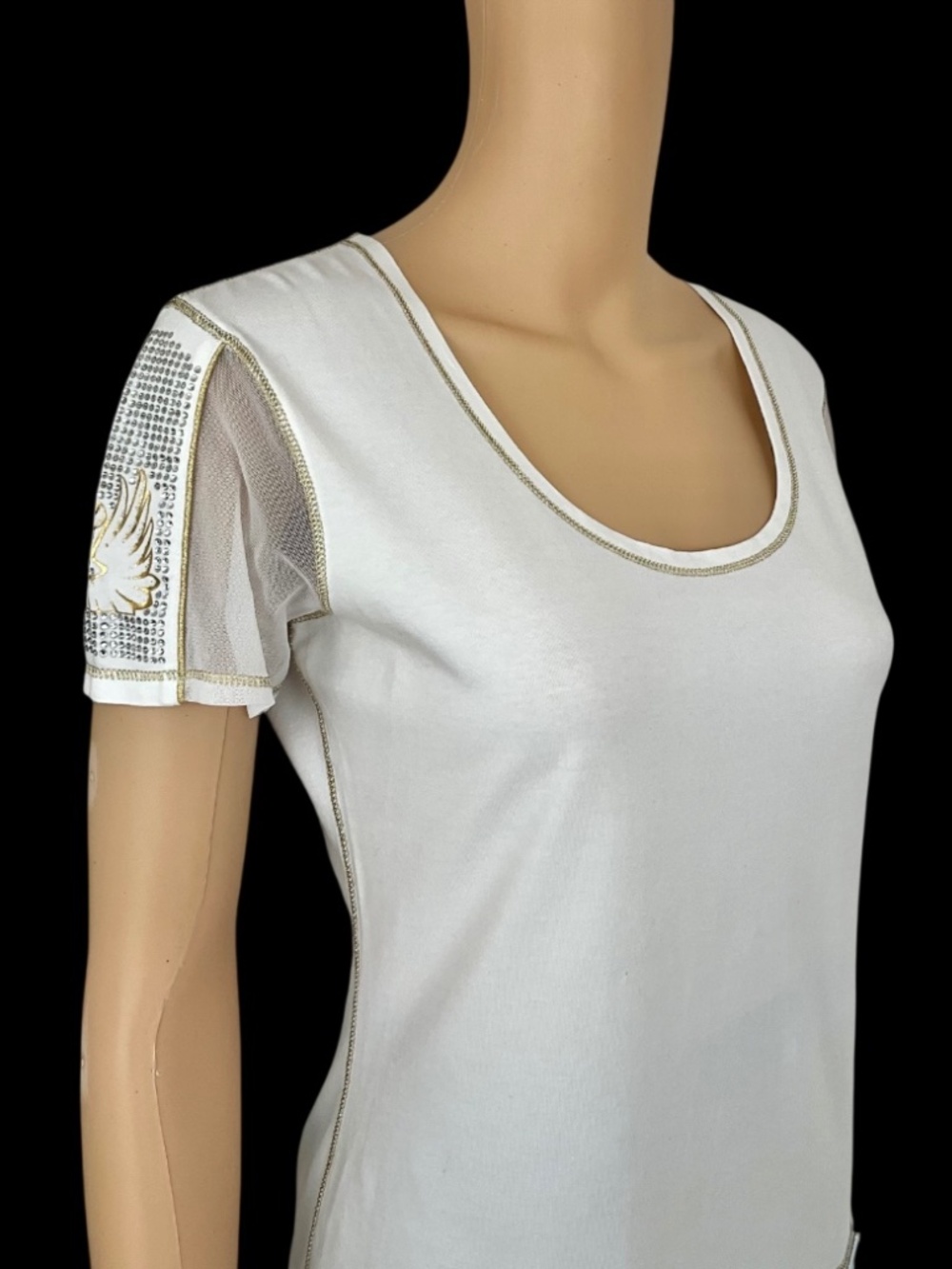 White Cotton Top Rhinestone Short Sleeve Size M